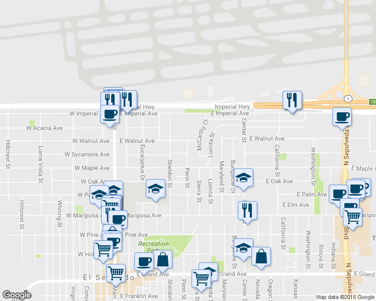 map of restaurants, bars, coffee shops, grocery stores, and more near 853 Penn Street in El Segundo