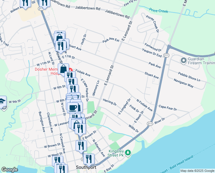 map of restaurants, bars, coffee shops, grocery stores, and more near 419 East Leonard Street in Southport