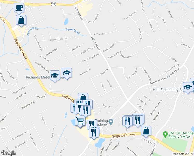 map of restaurants, bars, coffee shops, grocery stores, and more near 1591 Daniel Lane in Lawrenceville