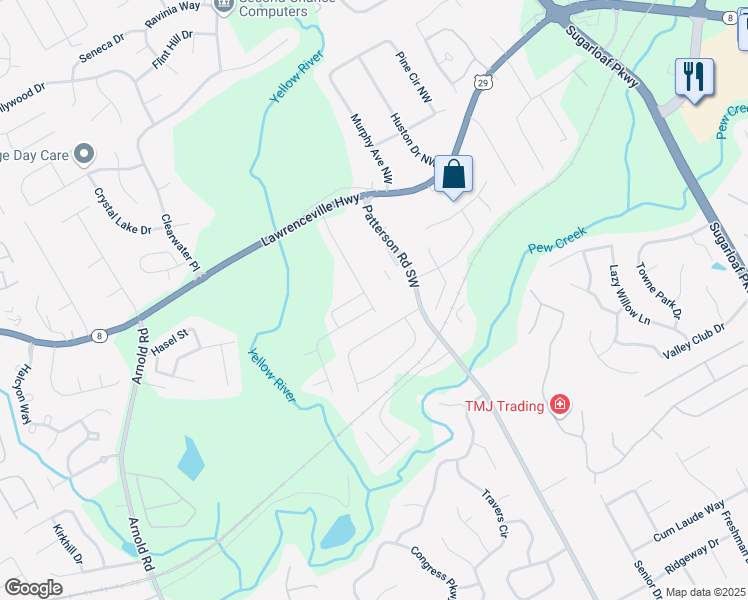 map of restaurants, bars, coffee shops, grocery stores, and more near 59 Braemore Mill Drive in Lawrenceville