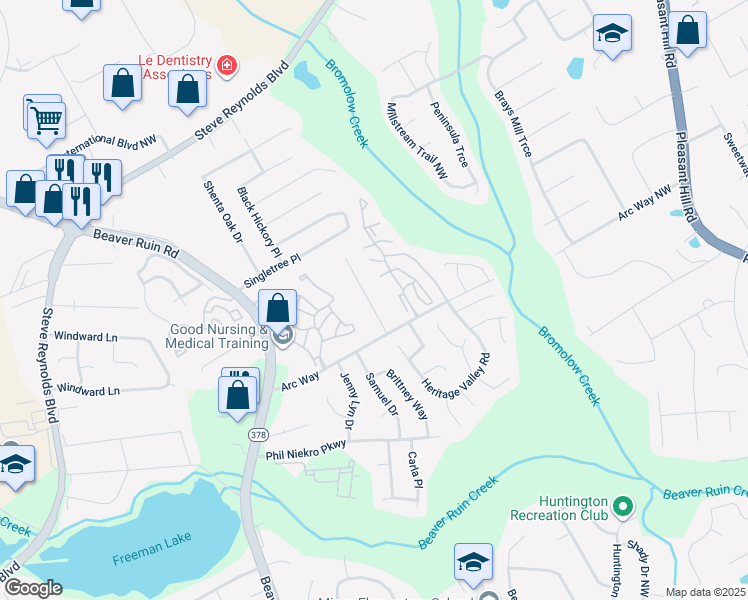map of restaurants, bars, coffee shops, grocery stores, and more near 1261 Sweet Pine Drive in Norcross
