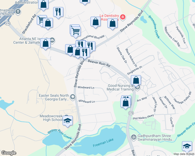 map of restaurants, bars, coffee shops, grocery stores, and more near 4343 Redgate Road in Norcross