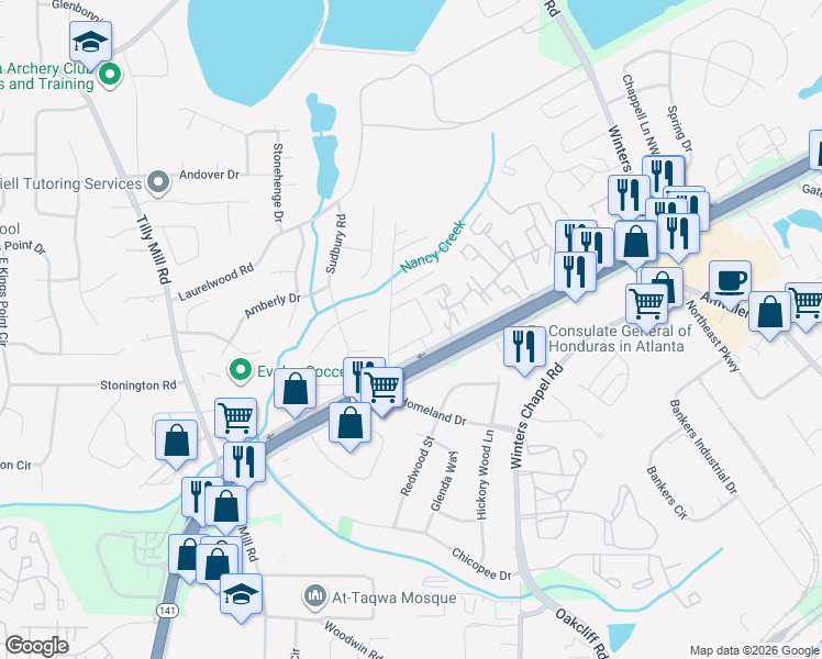 map of restaurants, bars, coffee shops, grocery stores, and more near 6676 Peachtree Industrial Boulevard in Atlanta
