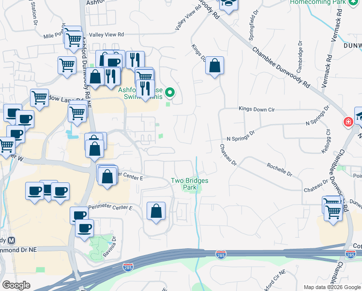 map of restaurants, bars, coffee shops, grocery stores, and more near 4467 Village Springs Run in Dunwoody