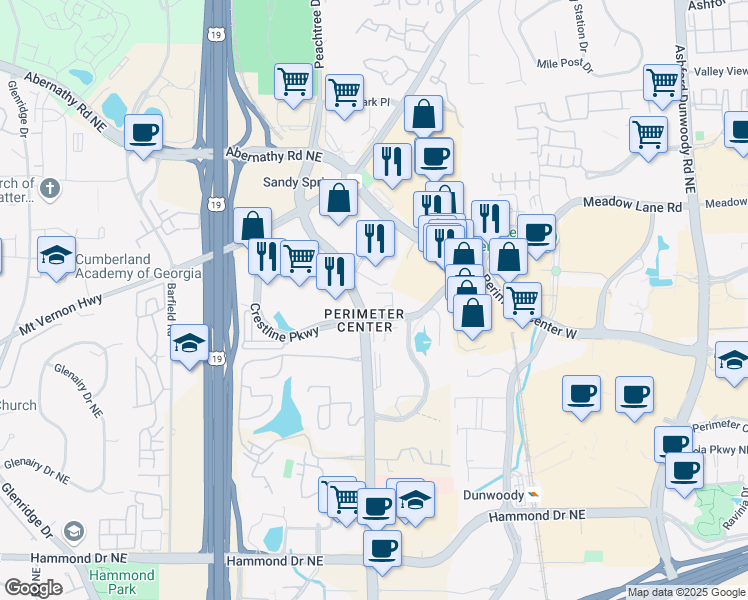 map of restaurants, bars, coffee shops, grocery stores, and more near 9000 Central Parkway in Atlanta