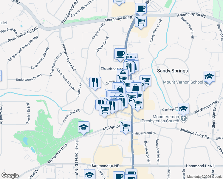 map of restaurants, bars, coffee shops, grocery stores, and more near 6347 North Hampton Drive Northeast in Atlanta