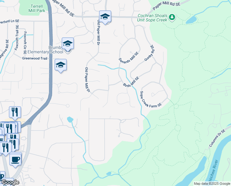 map of restaurants, bars, coffee shops, grocery stores, and more near 3574 Tuckers Farm Southeast in Marietta