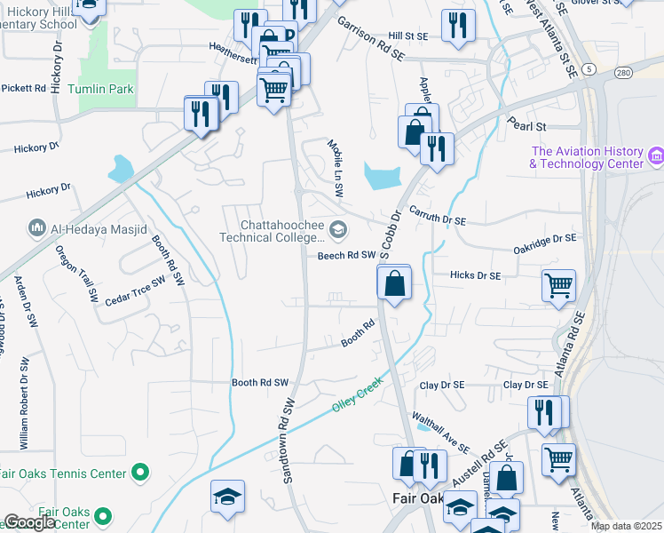 map of restaurants, bars, coffee shops, grocery stores, and more near 980 South Cobb Drive Southeast in Marietta