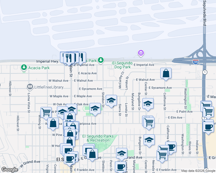 map of restaurants, bars, coffee shops, grocery stores, and more near 519 East Sycamore Avenue in El Segundo