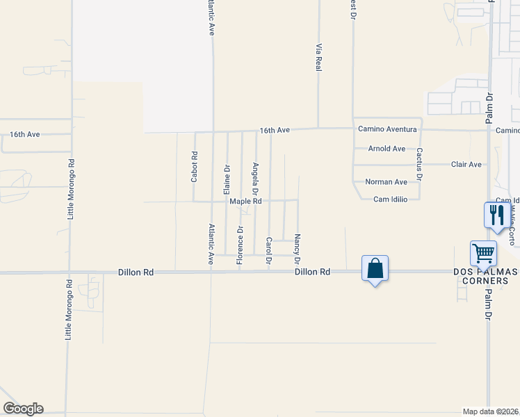 map of restaurants, bars, coffee shops, grocery stores, and more near 16536 Angela Drive in Desert Hot Springs