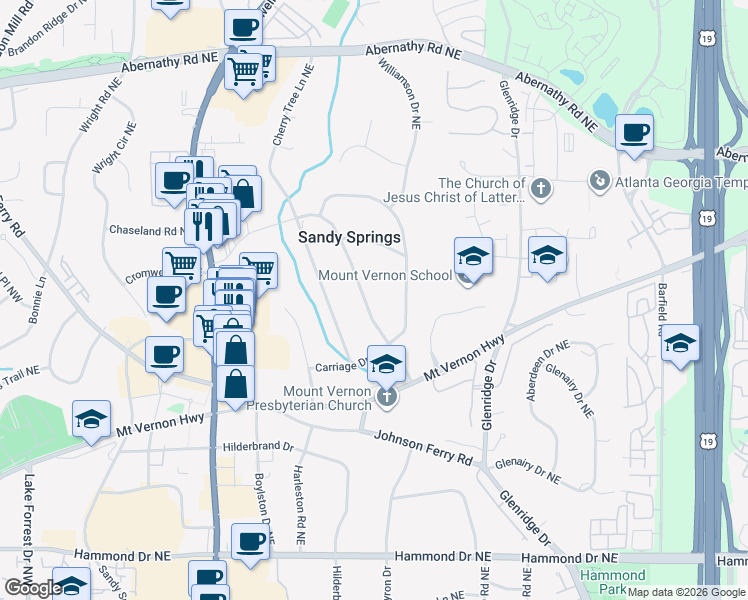 map of restaurants, bars, coffee shops, grocery stores, and more near 6331 Vernon Woods Drive Northeast in Atlanta