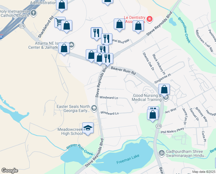 map of restaurants, bars, coffee shops, grocery stores, and more near 4385 Redgate Road in Norcross