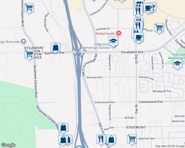 map of restaurants, bars, coffee shops, grocery stores, and more near 13200 Gina Avenue in Moreno Valley