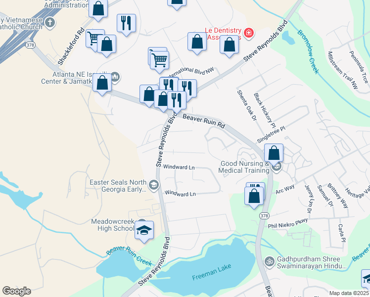 map of restaurants, bars, coffee shops, grocery stores, and more near 4385 Redgate Road in Norcross