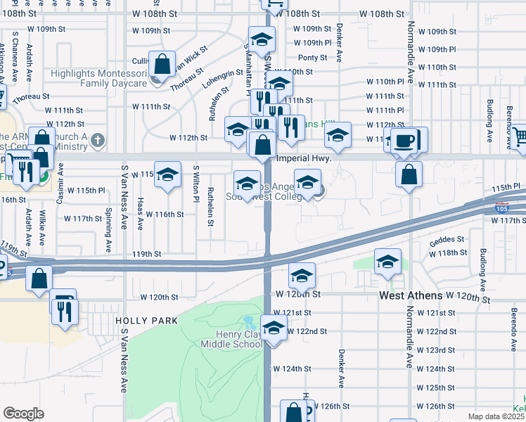 map of restaurants, bars, coffee shops, grocery stores, and more near 11609 South Western Avenue in Los Angeles