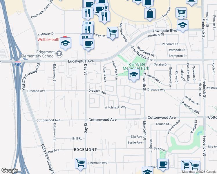 map of restaurants, bars, coffee shops, grocery stores, and more near 13209 Acacia Avenue in Moreno Valley