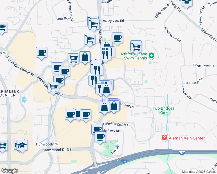 map of restaurants, bars, coffee shops, grocery stores, and more near 309 Perimeter Center North in Dunwoody