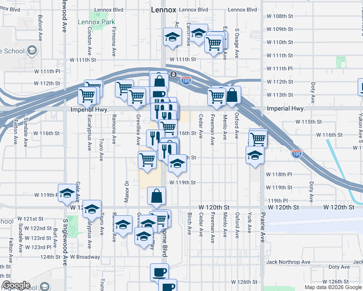 map of restaurants, bars, coffee shops, grocery stores, and more near 11644 Acacia Avenue in Hawthorne