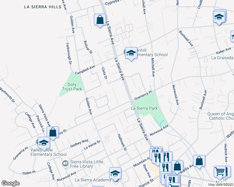 map of restaurants, bars, coffee shops, grocery stores, and more near 5383 Rose Avenue in Riverside