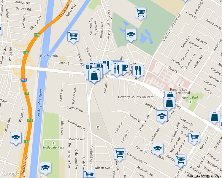 map of restaurants, bars, coffee shops, grocery stores, and more near 10979 Cassina Avenue in South Gate