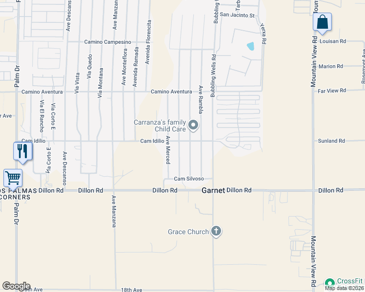 map of restaurants, bars, coffee shops, grocery stores, and more near 16528 Avenida Mirola in Desert Hot Springs