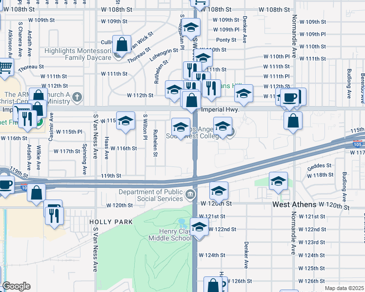 map of restaurants, bars, coffee shops, grocery stores, and more near 11609 South Western Avenue in Los Angeles