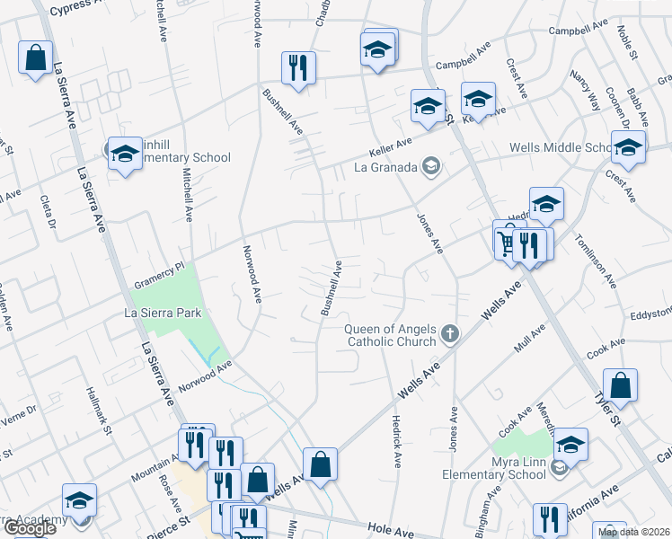 map of restaurants, bars, coffee shops, grocery stores, and more near 5214 Bushnell Avenue in Riverside