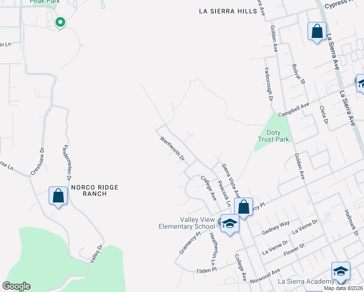 map of restaurants, bars, coffee shops, grocery stores, and more near 5542 Peacock Lane in Riverside