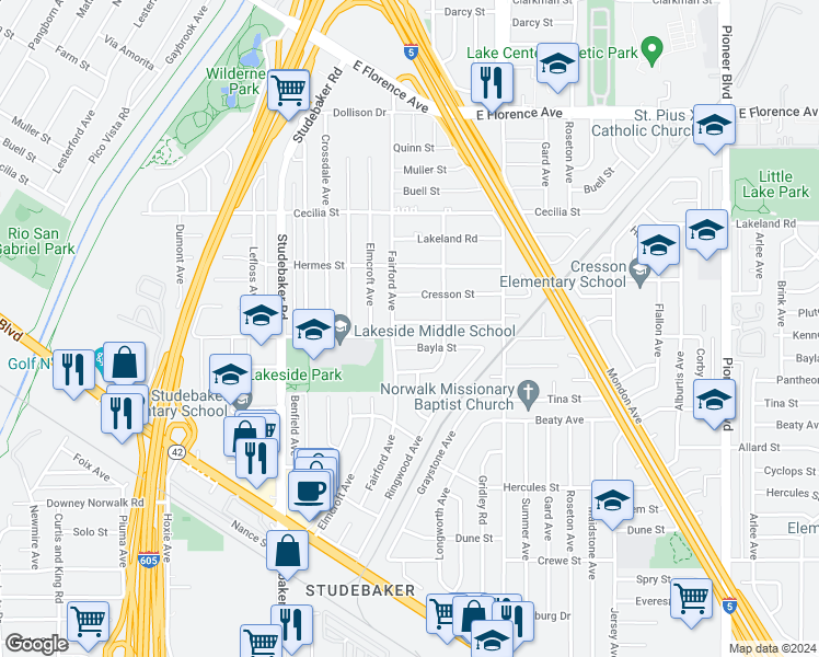 map of restaurants, bars, coffee shops, grocery stores, and more near 11218 Kenney Street in Norwalk