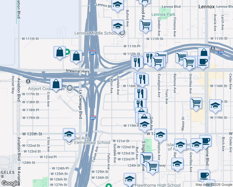 map of restaurants, bars, coffee shops, grocery stores, and more near in Hawthorne