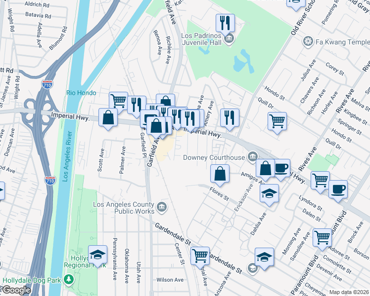 map of restaurants, bars, coffee shops, grocery stores, and more near 10960 Cassina Avenue in South Gate
