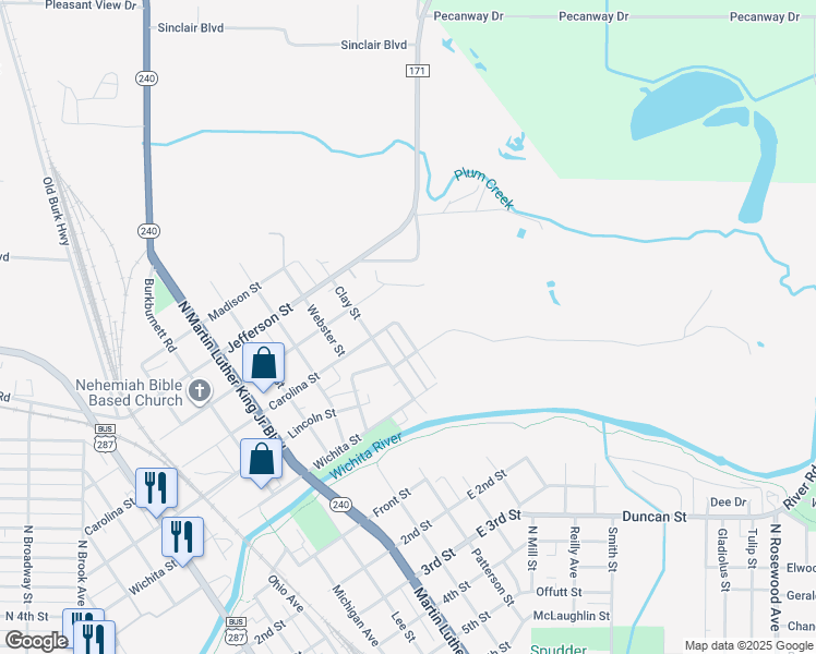 map of restaurants, bars, coffee shops, grocery stores, and more near 209 East Carolina Street in Wichita Falls
