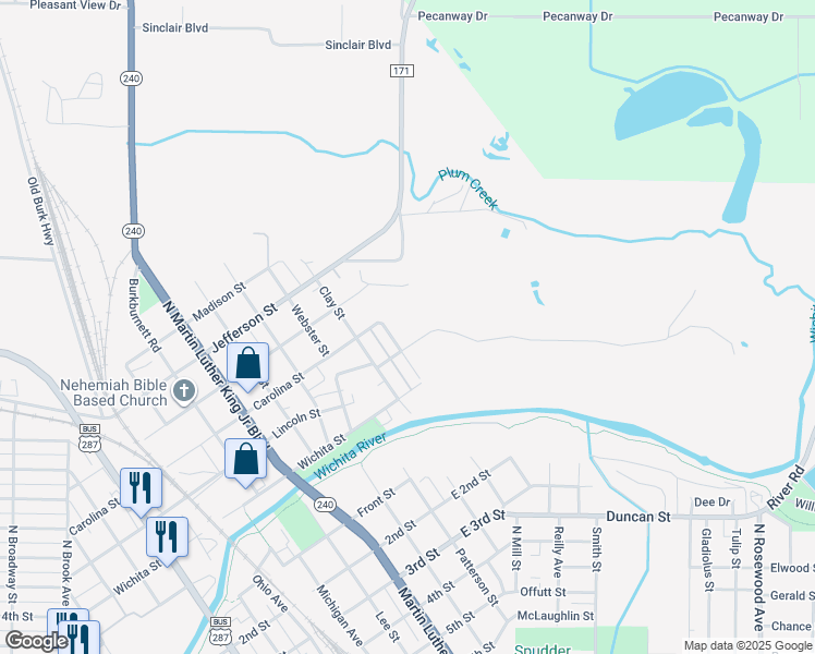 map of restaurants, bars, coffee shops, grocery stores, and more near 209 East Carolina Street in Wichita Falls
