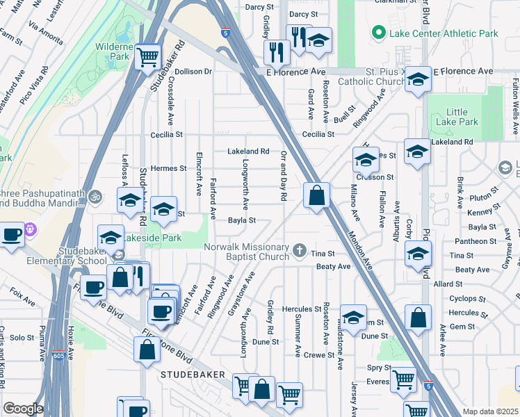 map of restaurants, bars, coffee shops, grocery stores, and more near 11322 Kenney Street in Norwalk
