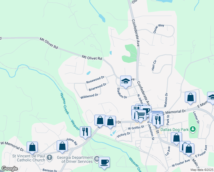 map of restaurants, bars, coffee shops, grocery stores, and more near 209 Briarwood Drive in Dallas