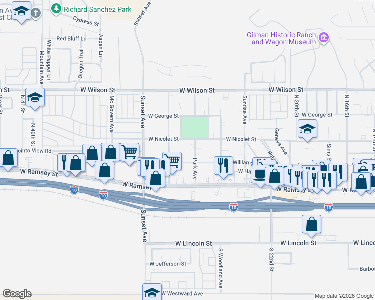 map of restaurants, bars, coffee shops, grocery stores, and more near 2892 West Nicolet Street in Banning