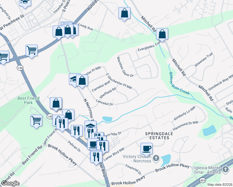 map of restaurants, bars, coffee shops, grocery stores, and more near 854 North Hampton in Norcross