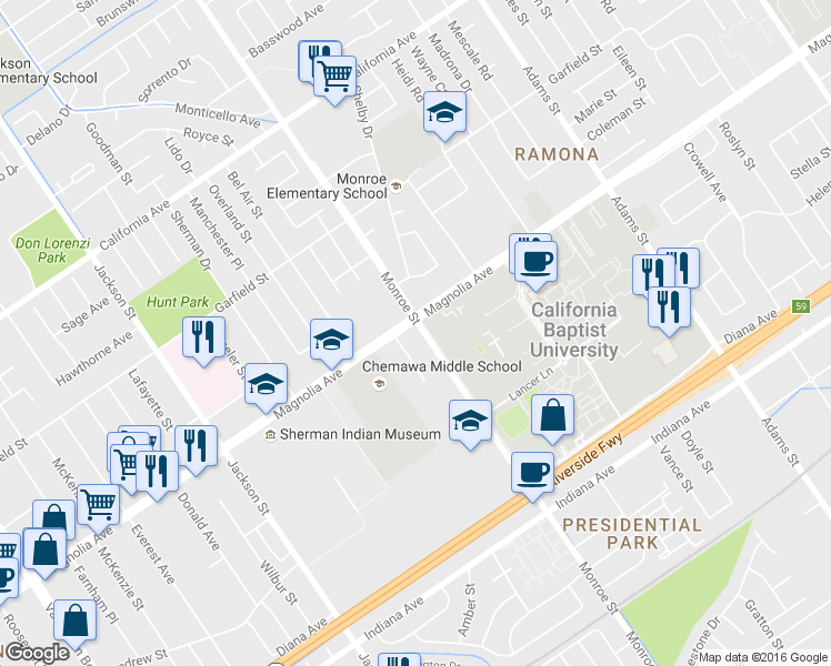 map of restaurants, bars, coffee shops, grocery stores, and more near 8712 Magnolia Avenue in Riverside