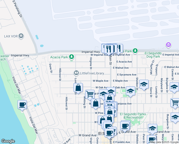 map of restaurants, bars, coffee shops, grocery stores, and more near 841 Virginia Street in El Segundo