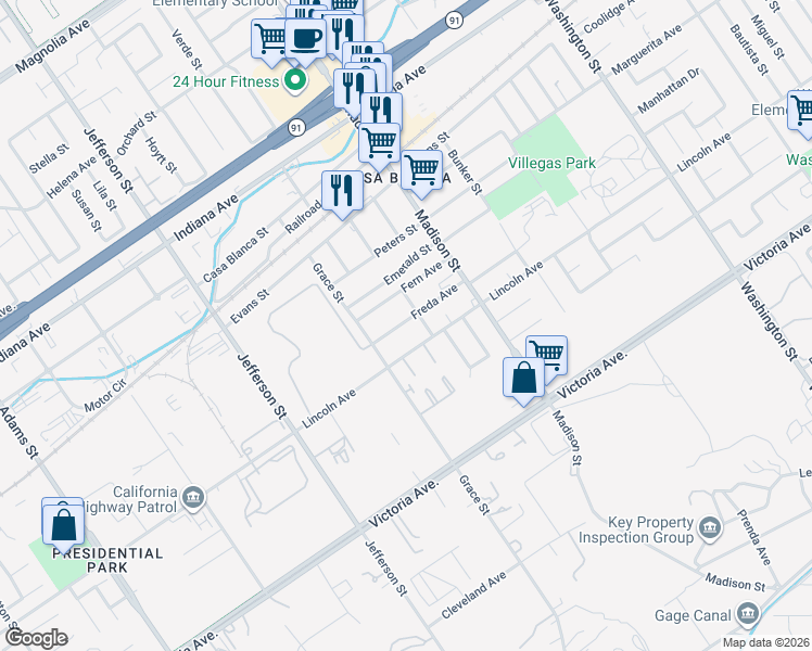 map of restaurants, bars, coffee shops, grocery stores, and more near 7628 Freda Avenue in Riverside