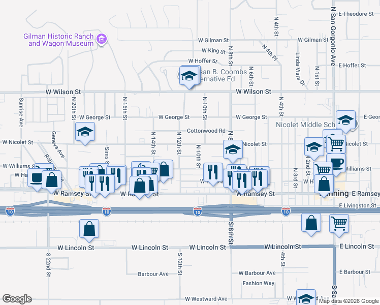 map of restaurants, bars, coffee shops, grocery stores, and more near 1128 West Nicolet Street in Banning