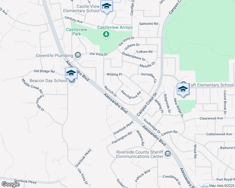 map of restaurants, bars, coffee shops, grocery stores, and more near 6800 Rycroft Drive in Riverside