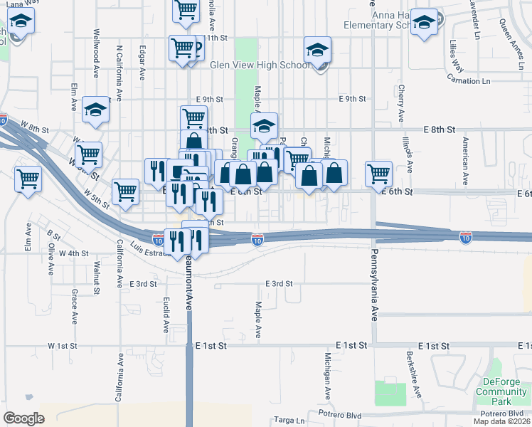 map of restaurants, bars, coffee shops, grocery stores, and more near 525 Palm Avenue in Beaumont