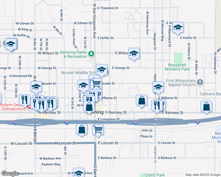 map of restaurants, bars, coffee shops, grocery stores, and more near 361 Fay Street in Banning