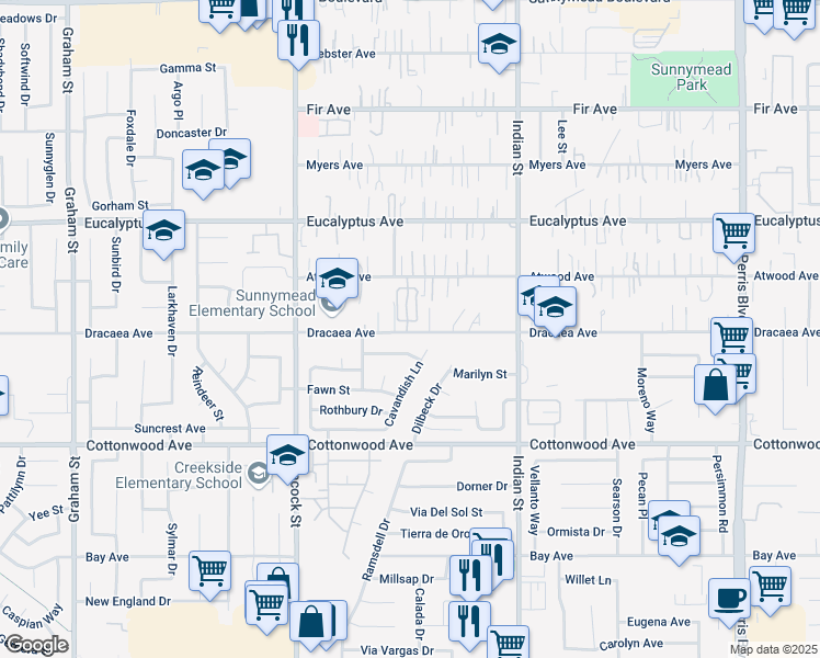map of restaurants, bars, coffee shops, grocery stores, and more near 24210 Dracaea Avenue in Moreno Valley