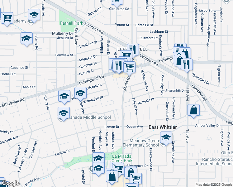 map of restaurants, bars, coffee shops, grocery stores, and more near 11612 Kibbee Avenue in Whittier