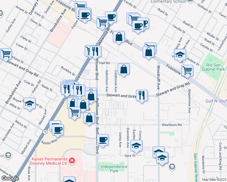 map of restaurants, bars, coffee shops, grocery stores, and more near 11744 Adenmoor Avenue in Downey