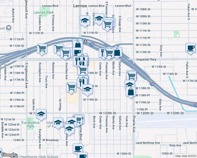 map of restaurants, bars, coffee shops, grocery stores, and more near 11628 Birch Avenue in Hawthorne
