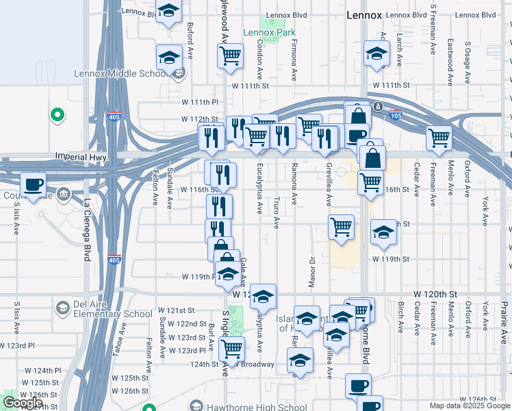 map of restaurants, bars, coffee shops, grocery stores, and more near 11630 Eucalyptus Avenue in Hawthorne