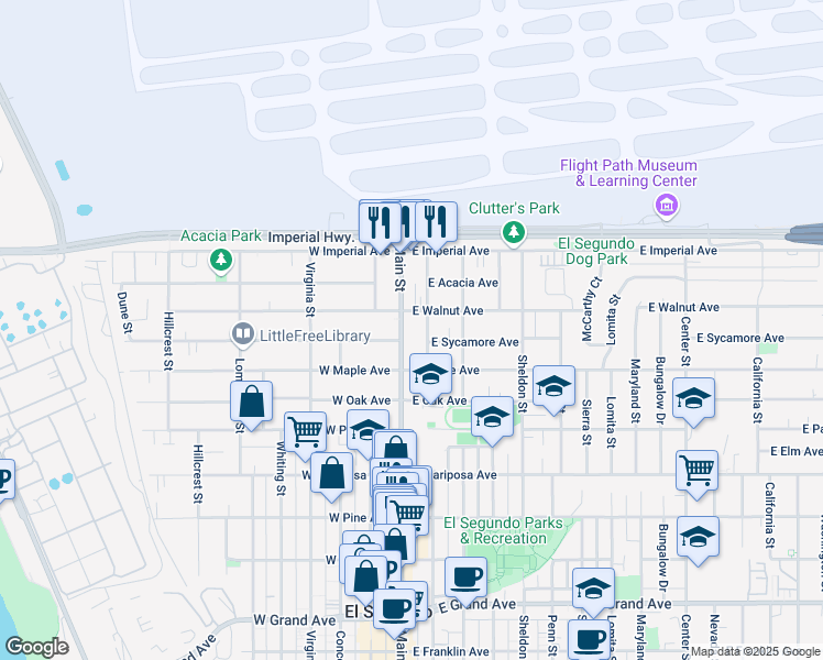 map of restaurants, bars, coffee shops, grocery stores, and more near 847 Main Street in El Segundo
